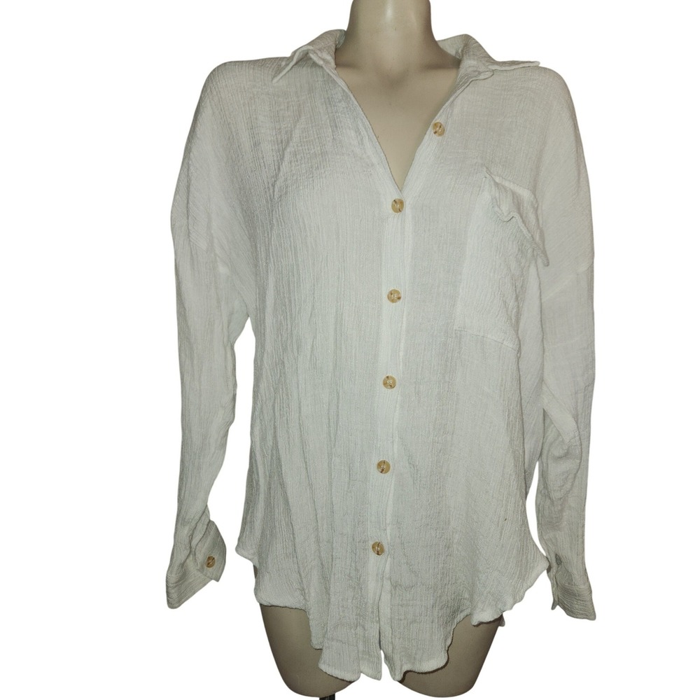 Blu Pepper White Textured Crinkle Gauze‎ Button Down Shirt B3ST1033 L summer